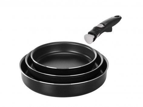 Set pentole o padelle 3 pezzi, con manico removibile