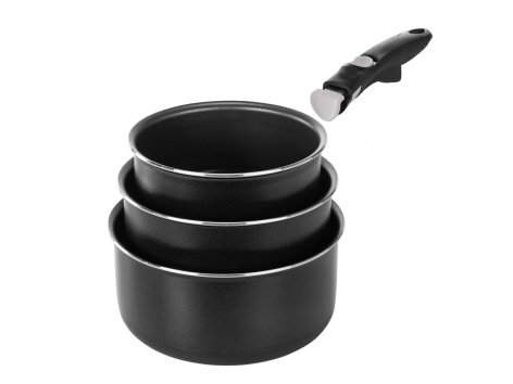 Set pentole o padelle 3 pezzi, con manico removibile
