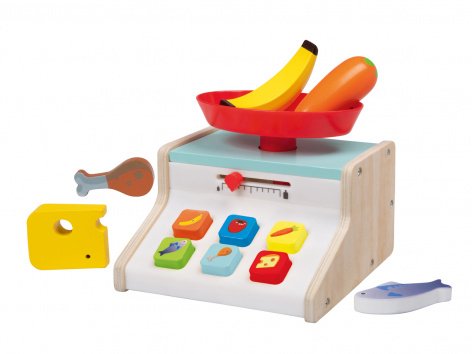 Gioco cassa, bilancia o cassetta alimentare in legno