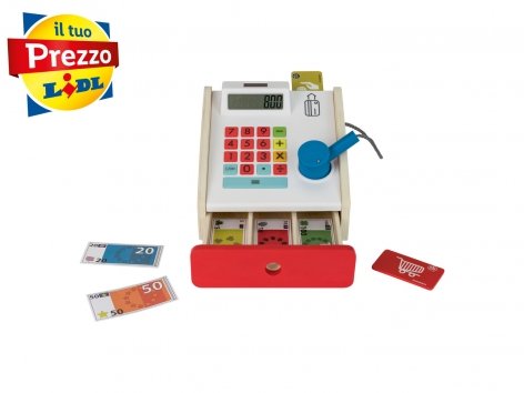 Gioco cassa, bilancia, gelateria, set alzata o cassetta alimentare in legno