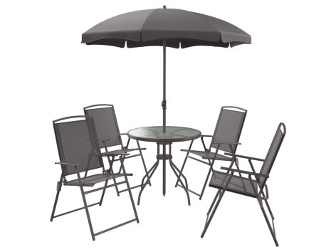Set tavolo con ombrellone e sedie da giardino