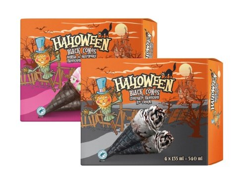 Cono gelato nero al cioccolato e cacao o lamponi e vaniglia