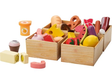 Gioco cassa, bilancia, cassetta alimentare o cesto portaspesa in legno