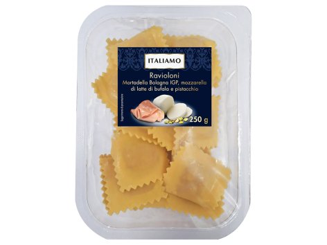 Ravioloni con Mortadella Bologna IGP, mozzarella di latte di bufala e pistacchio