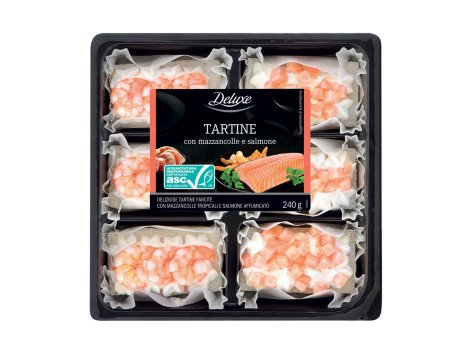 Tartine con mazzancolle e salmone