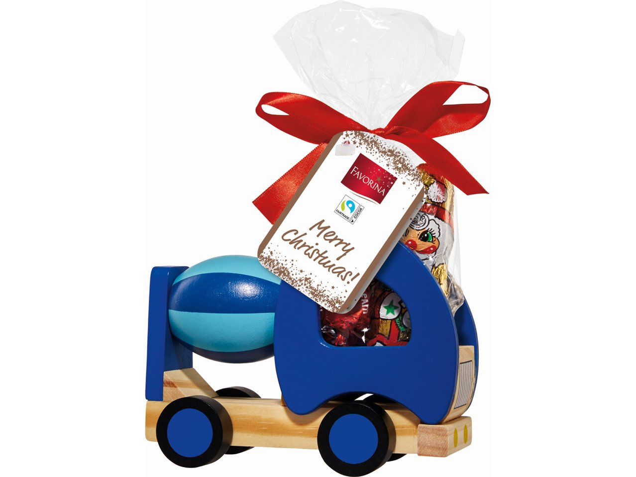 Giochino in legno con caramelle gommose e cioccolato al latte