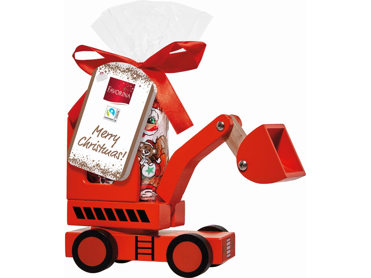 Giochino in legno con caramelle gommose e cioccolato al latte