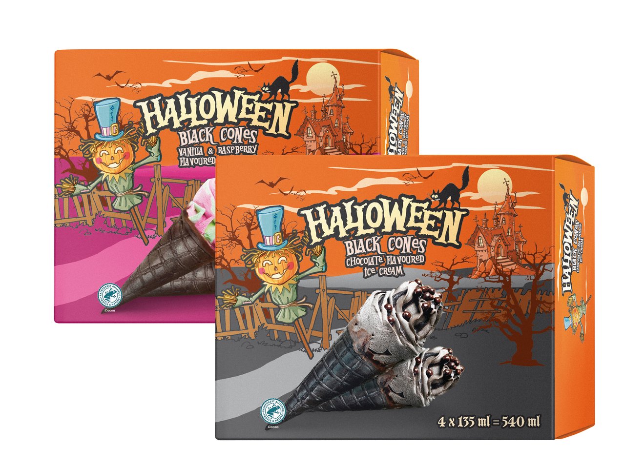 Cono gelato nero al cioccolato e cacao o lamponi e vaniglia