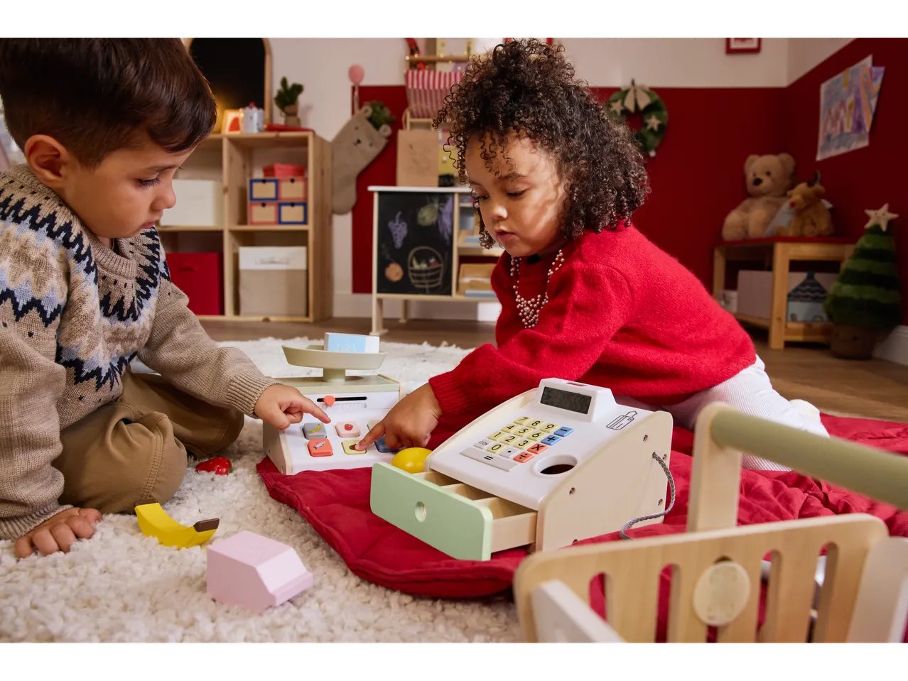 Gioco cassa, bilancia, cassetta alimentare o cesto portaspesa in legno