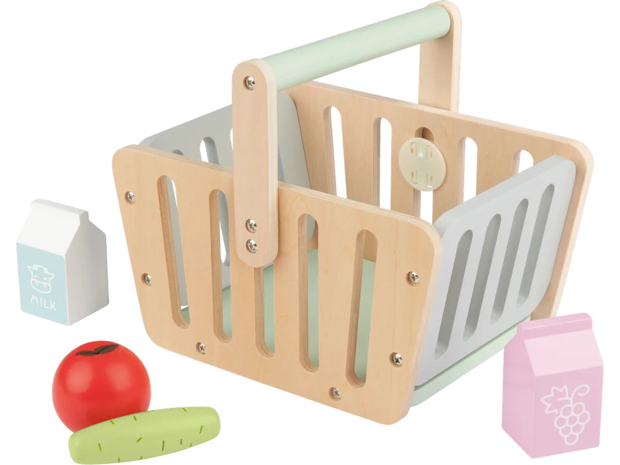 Gioco cassa, bilancia, cassetta alimentare o cesto portaspesa in legno