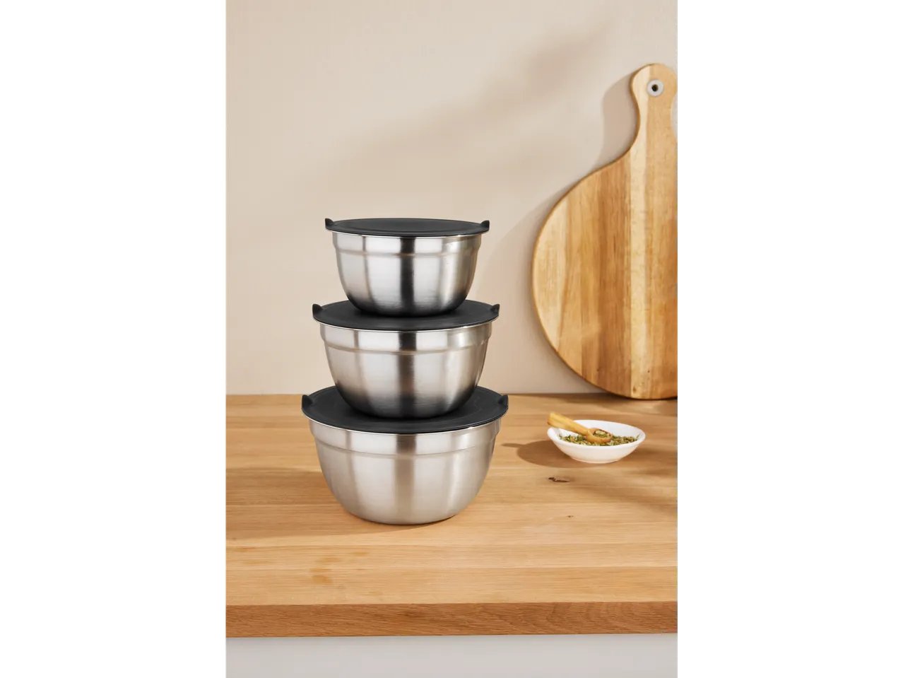 Set ciotole in acciaio con coperchio, 3 pezzi