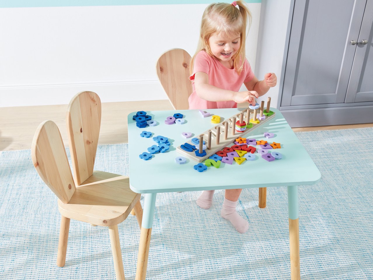 Gioco didattico in legno "Conta e infila, Orologio o lavagnetta da tavolo"