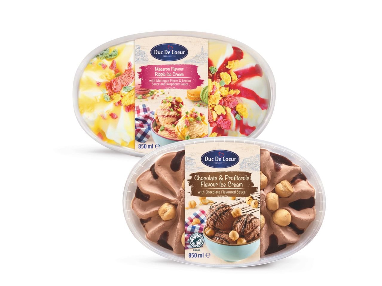 Gelato variegato al gusto profiteroles o alle mandorle e macarons