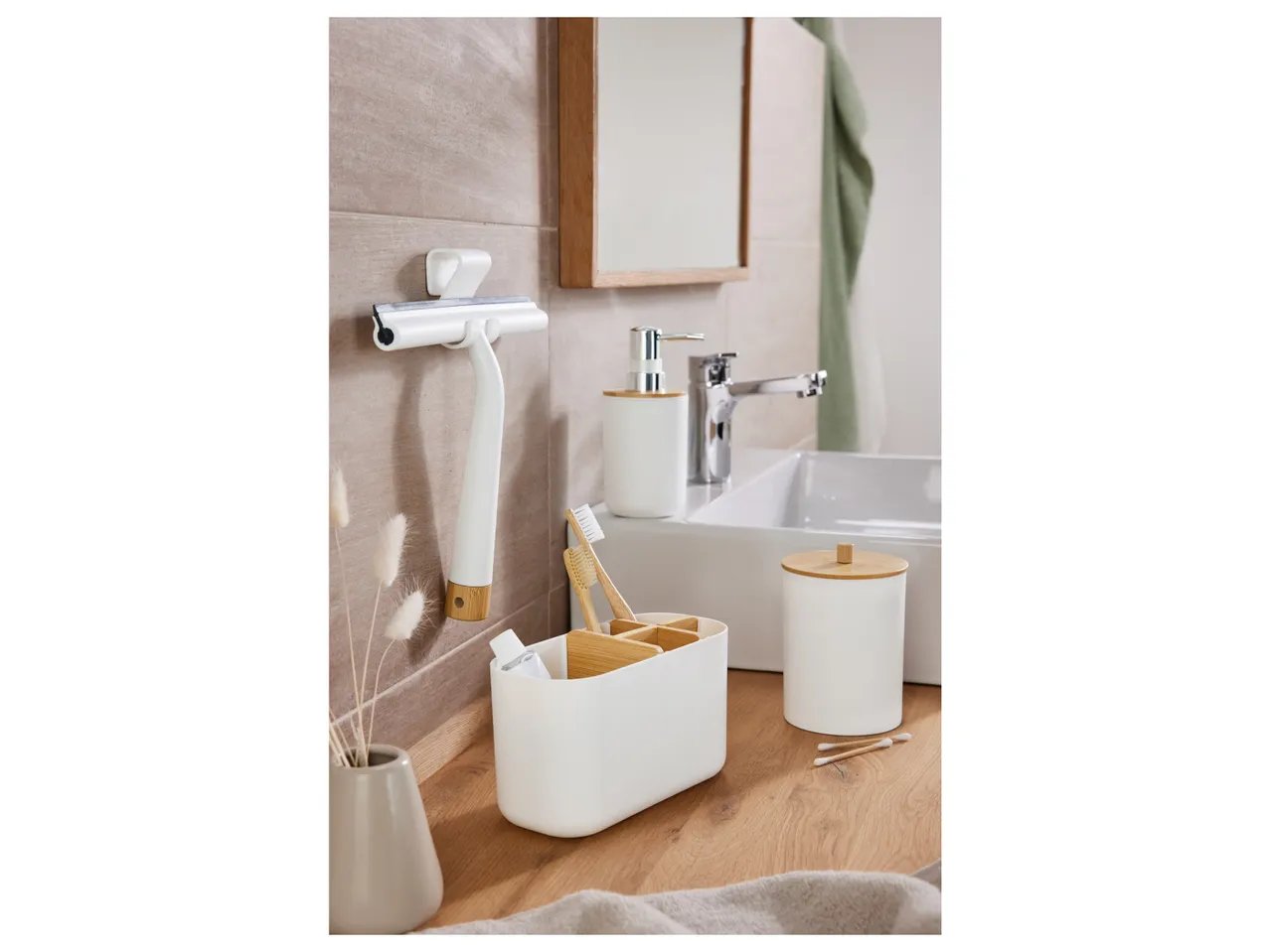 Tergivetri per doccia, organizer, contenitore per cotton fioc o dispenser per sapone in bambù