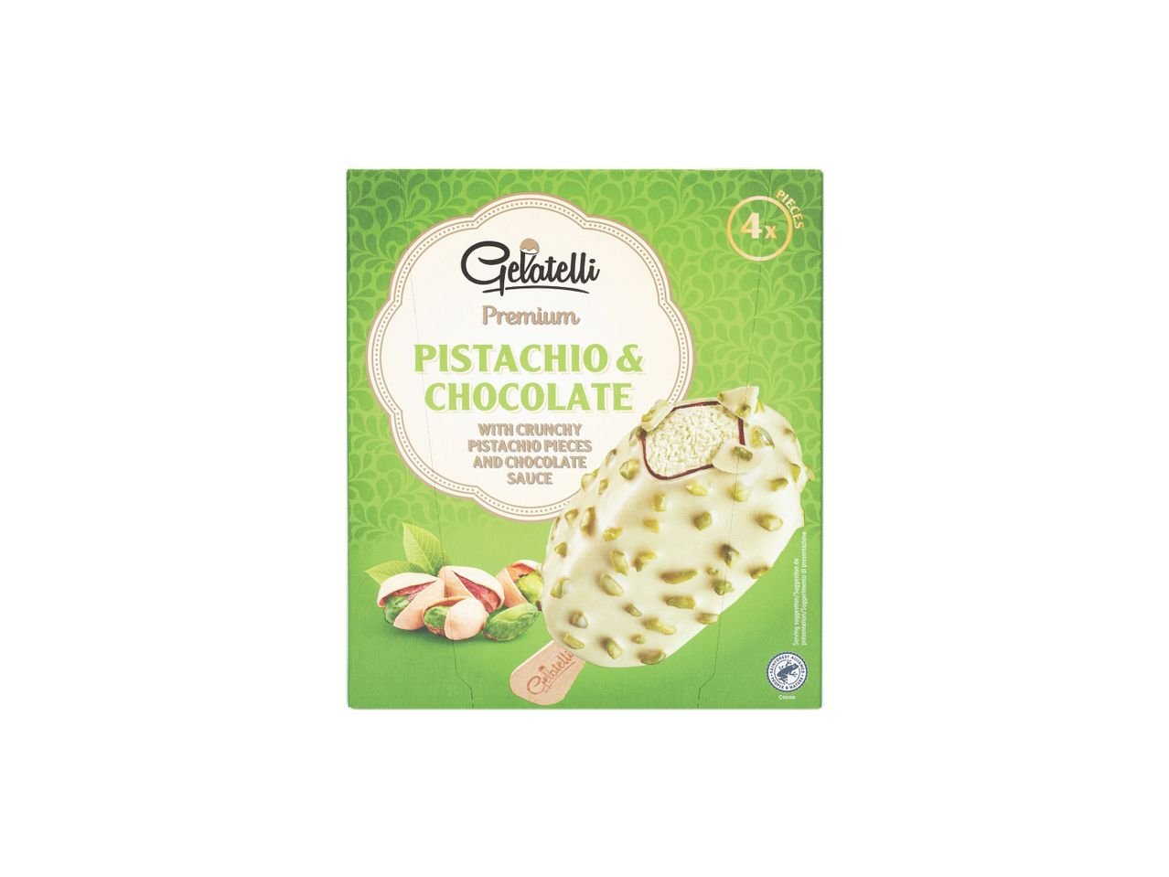 Gelato ricoperto al cioccolato e pistacchio