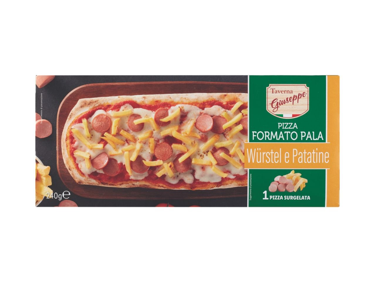 Pizza formato pala würstel e patatine