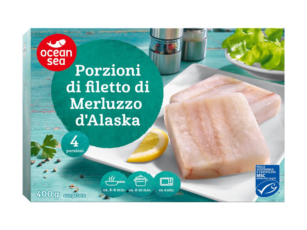 Porzioni di filetto di merluzzo d’Alaska