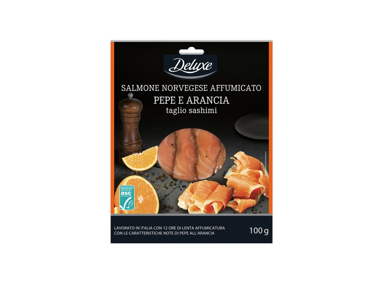 Salmone norvegese affumicato, con pepe e arancia