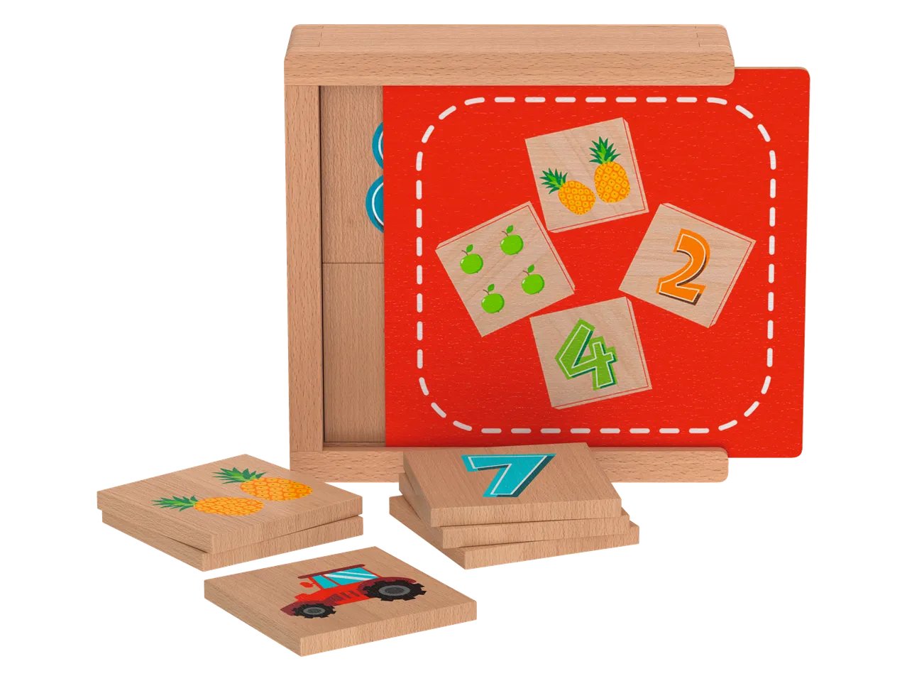 Gioco didattico in legno "Memo, calcolo, lettere, orologio o tangram"