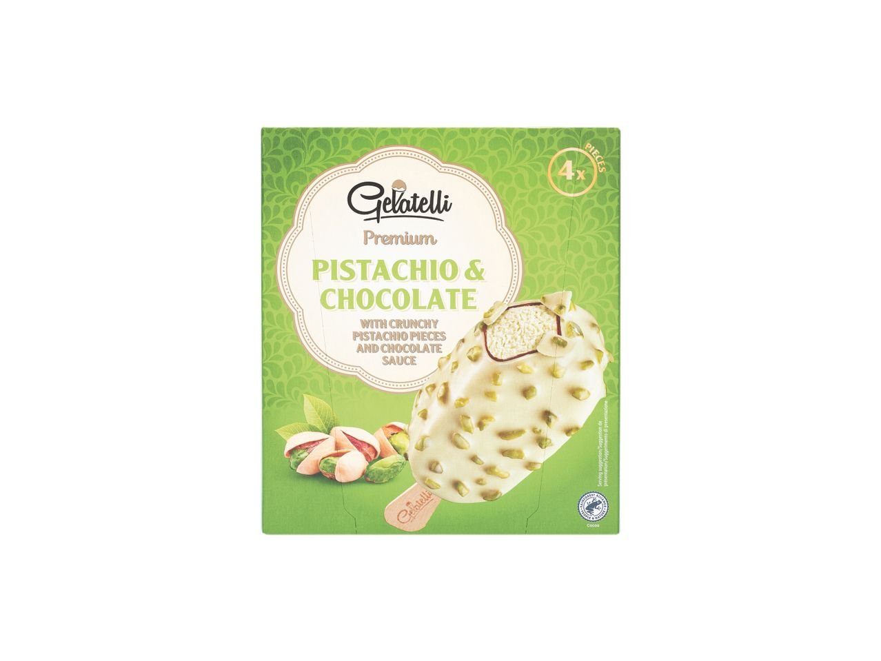 Gelato ricoperto di cioccolato e pistacchio