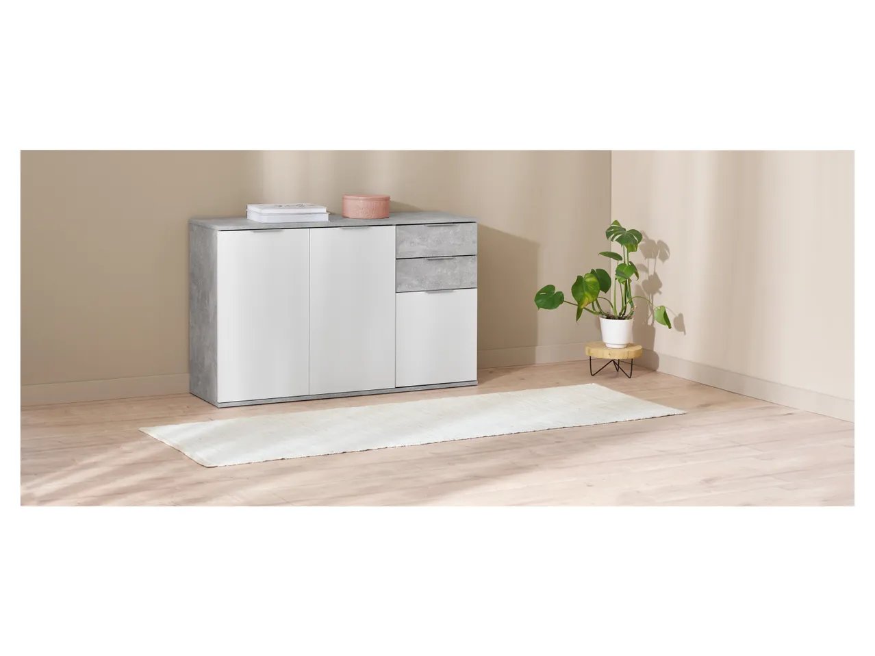 Mobiletto con 3 ante e 2 cassetti, bianco/grigio