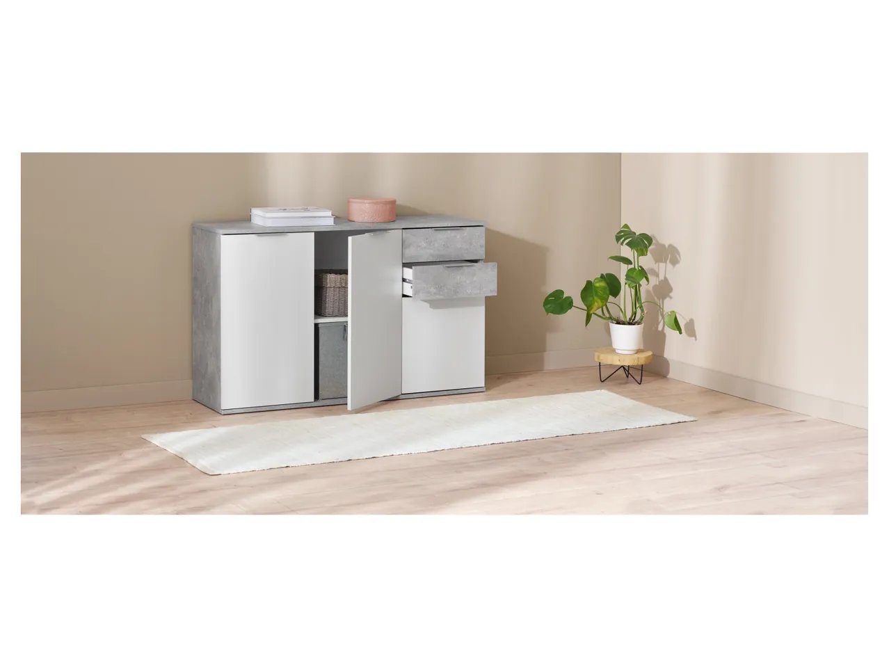 Mobiletto con 3 ante e 2 cassetti, bianco/grigio