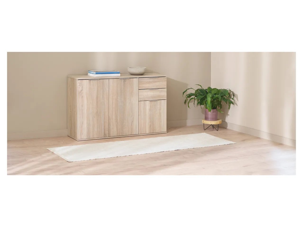 Mobiletto con 3 ante e 2 cassetti, simil-quercia