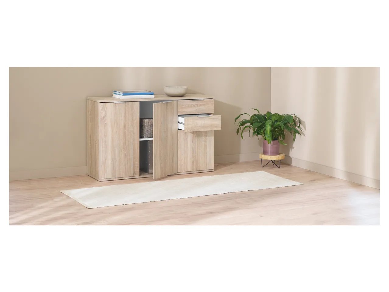 Mobiletto con 3 ante e 2 cassetti, simil-quercia