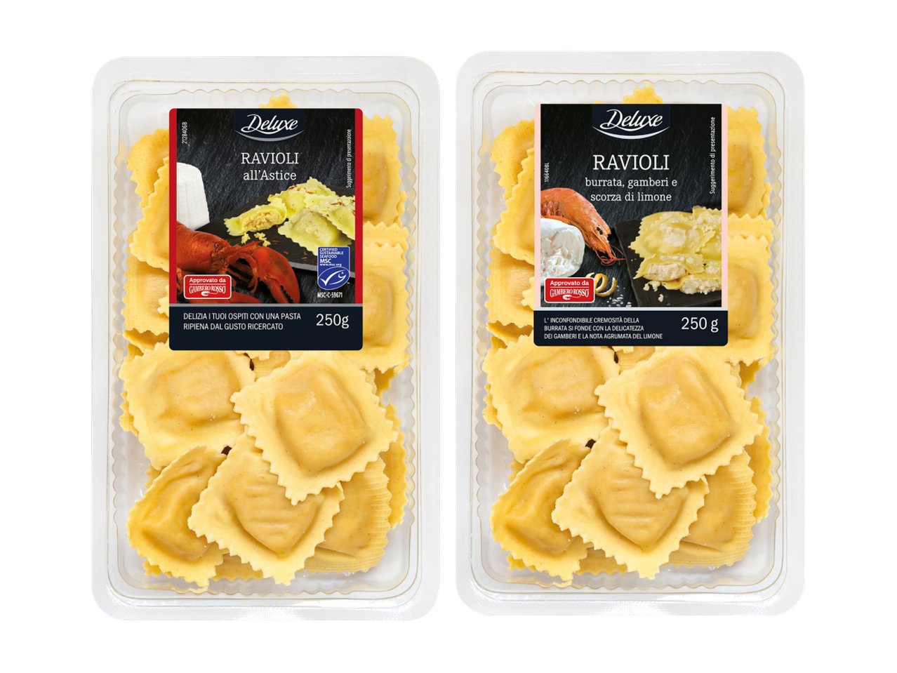 Ravioli all’astice o gamberi, burrata e limone