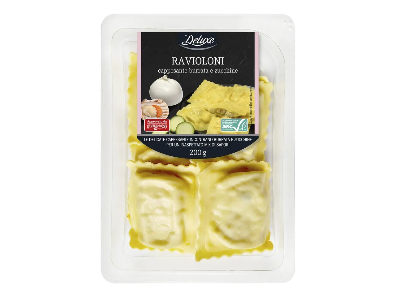 Ravioloni con cappesante, burrata e zucchine