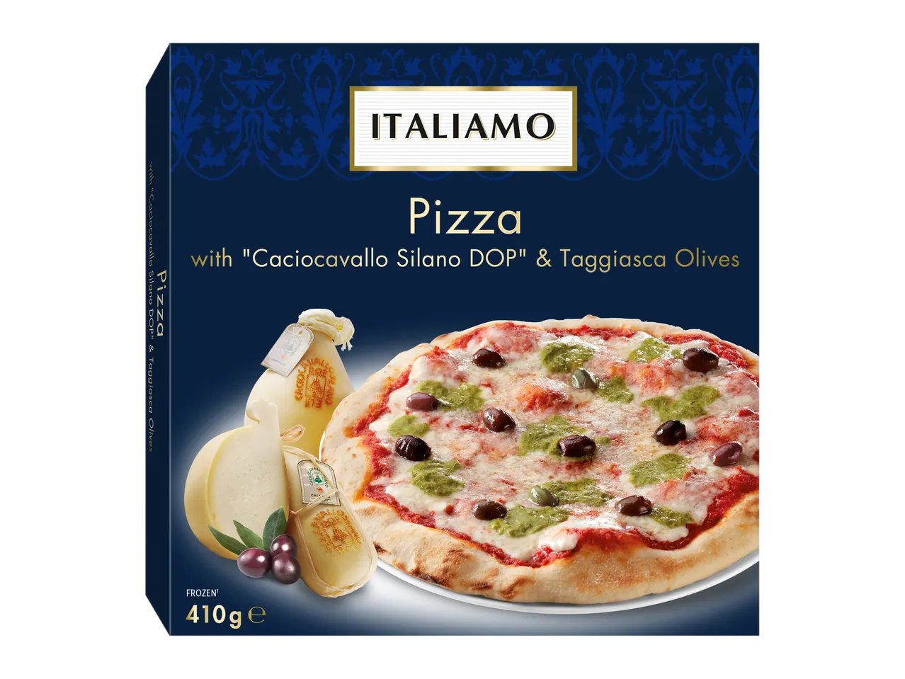 Pizza con “Caciocavallo Silano DOP” e olive taggiasche