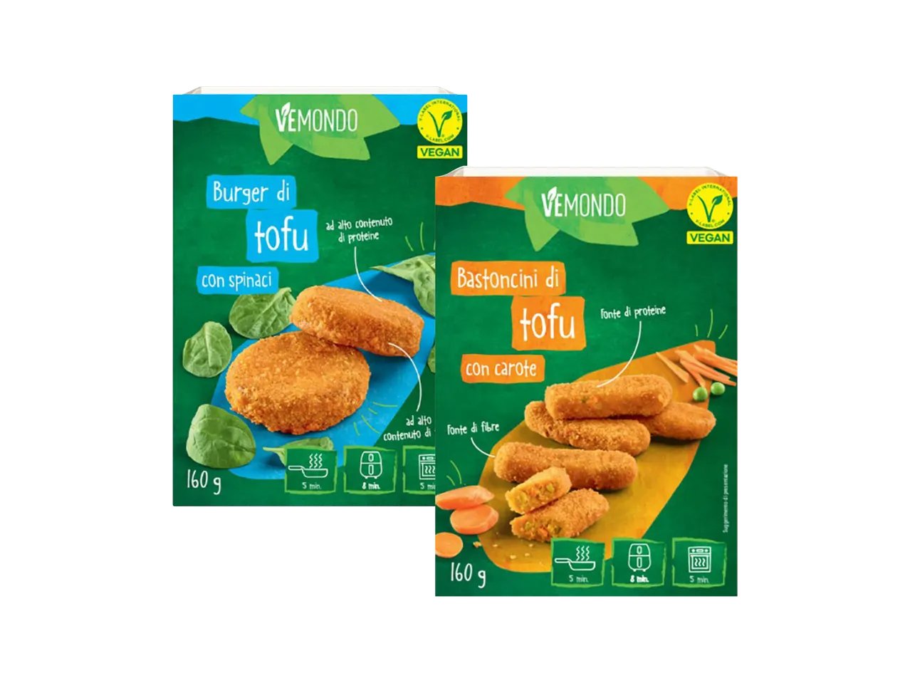 Bastoncini di Tofu con carote o burger di tofu con spinaci