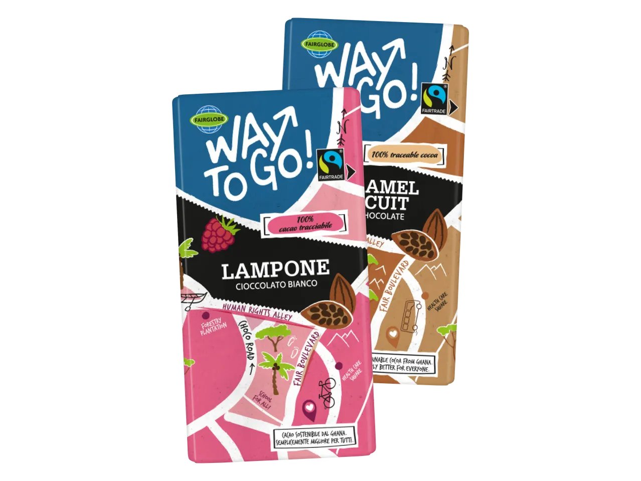 Tavoletta di cioccolato bianco con lamponi o al latte con biscotti e caramello Way to Go