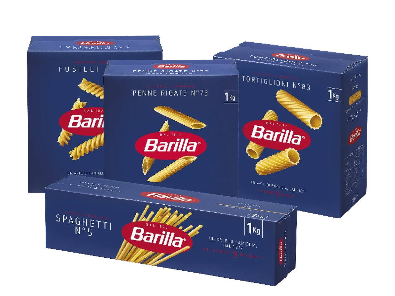 Barilla Fusilli, Tortiglioni, Spaghetti n.5 o Penne rigate