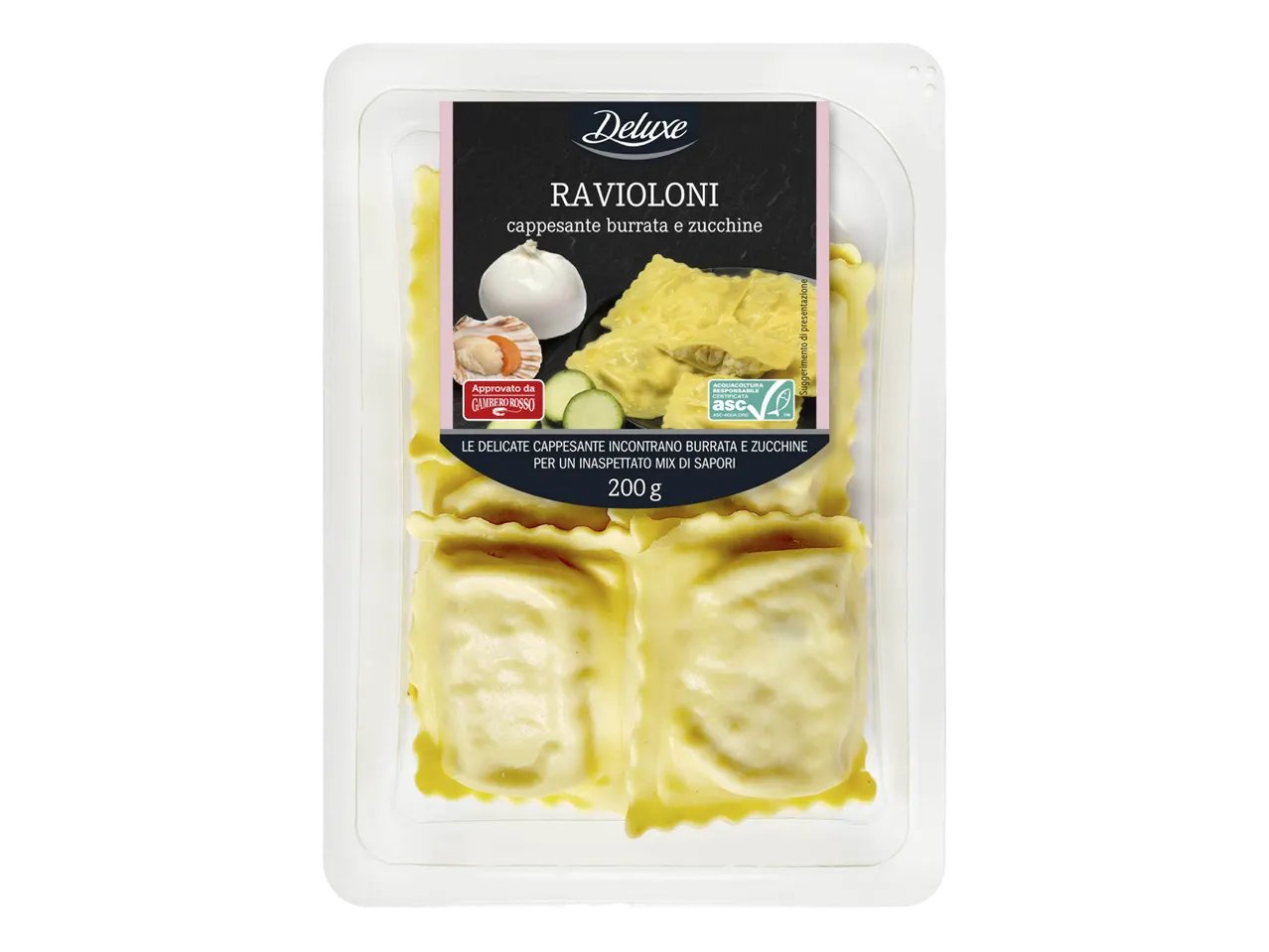 Ravioloni con capesante, zucchine e burrata