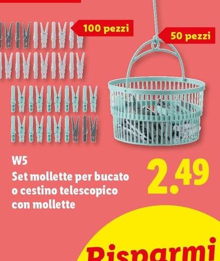 W5 - Set Mollette Per Bucato O Cestino Telescopico Con Mollette
