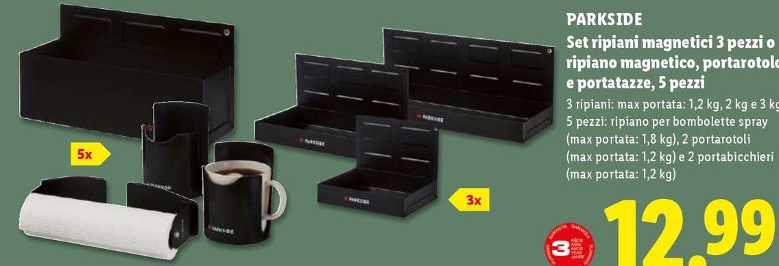 Parkside - Set Ripiani Magnetici 3 Pezzi O Ripiano Magnetico, Portarotolo E Portatazze, 5 Pezzi