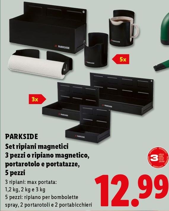 Parkside - Set Ripiani Magnetici 3 Pezzi O Ripiano Magnetico, Portarotolo E Portatazze, 5 Pezzi