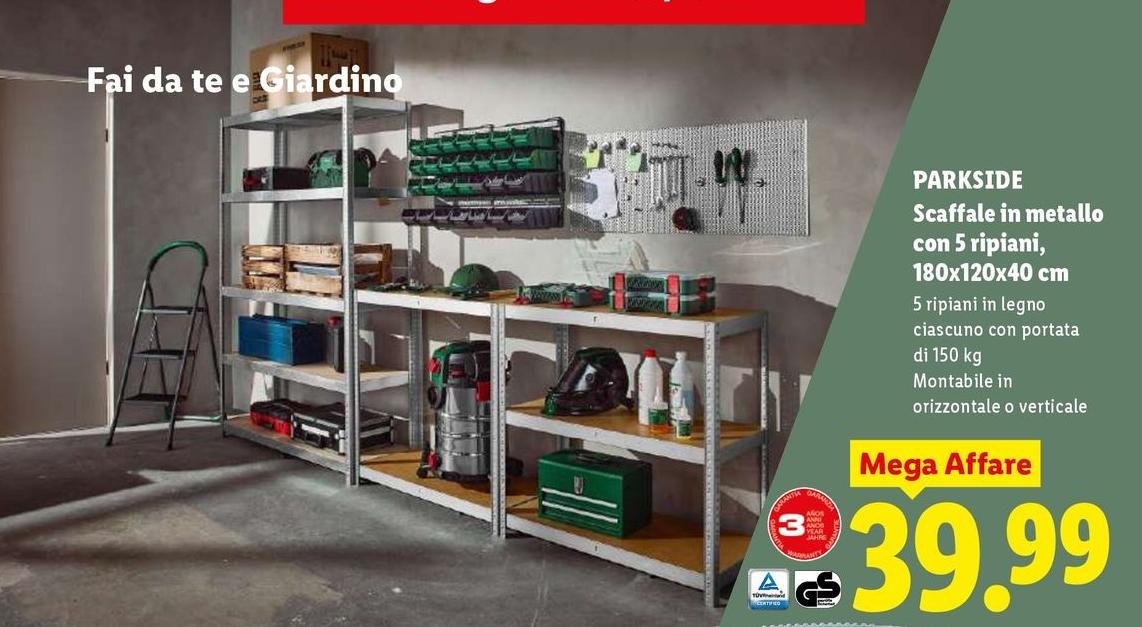 Parkside - Scaffale In Metallo Con 5 Ripiani, 180x120x40 Cm