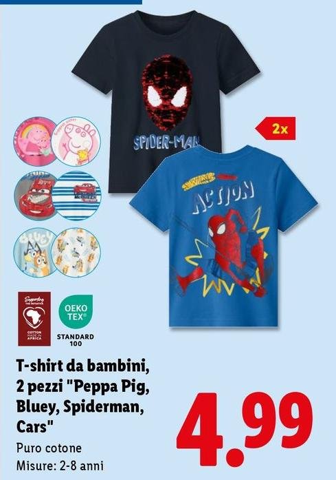 T-Shirt Da Bambini, 2 Pezzi "Peppa Pig, Bluey, Spiderman, Cars"