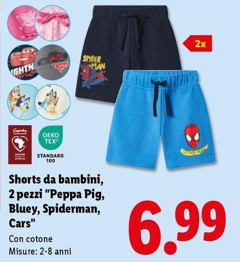 Shorts Da Bambini, 2 Pezzi "Peppa Pig, Bluey, Spiderman, Cars"
