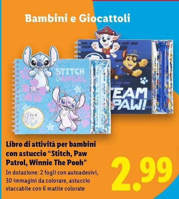 Libro Di Attività Per Bambini Con Astuccio "Stitch, Paw Patrol, Winnie The Pooh"