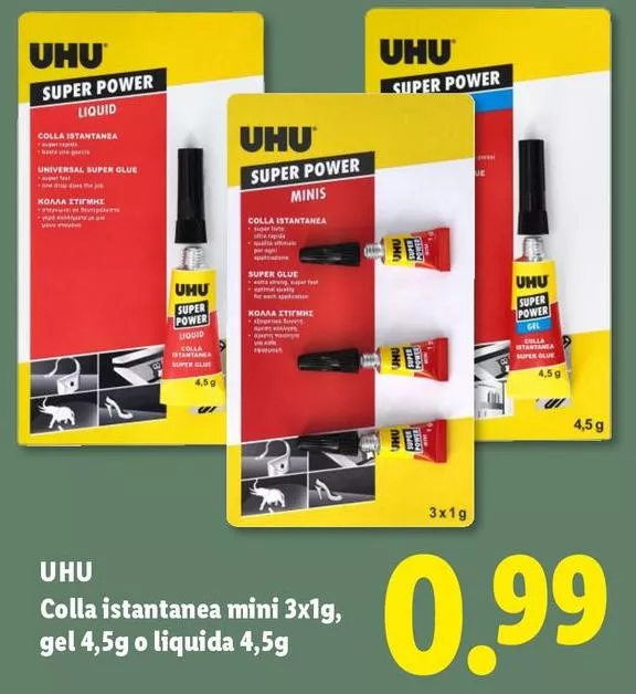 Uhu - Colla Istantanea Mini 3x1g, Gel4,5g O Liquida 4.5g