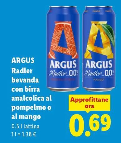 Argus - Radler Bevanda Con Birra Analcolica Al Pompelmo O Al Mango