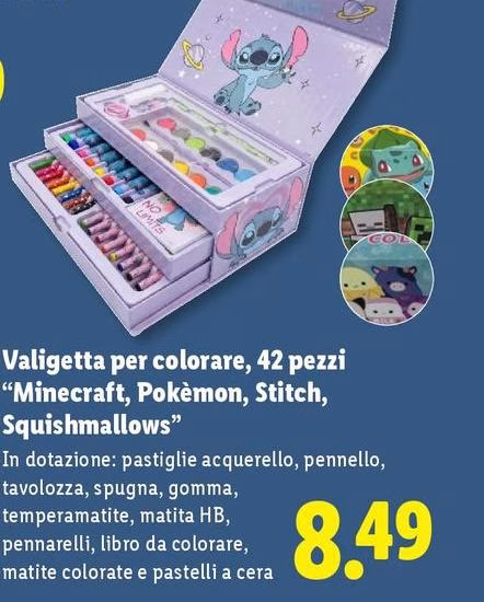 Valigetta Per Colorare, 42 Pezzi, "Minecraft, Pokèmon, Stitch, Squishmallows"