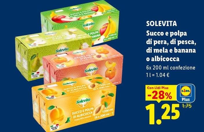 Solevita - Succo E Polpa Di Pera, Di Pesca, Di Mela E Banana O Albicocca
