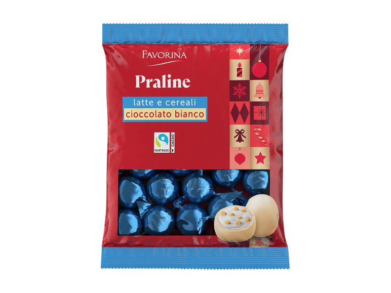 Praline con latte e cereali ricoperte di cioccolato bianco