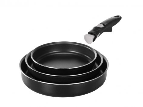 Set pentole o padelle 3 pezzi, con manico removibile