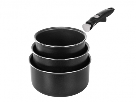 Set pentole o padelle 3 pezzi, con manico removibile