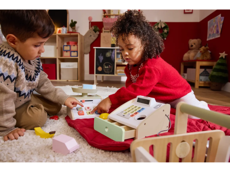 Gioco cassa, bilancia, cassetta alimentare o cesto portaspesa in legno